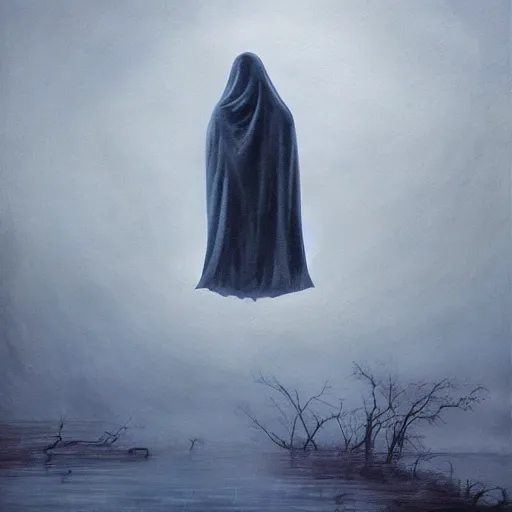 Image similar to ominous bedsheet ghost floating above a frozen lake, oil painting, brush strokes, gloomy foggy atmosphere, symmetrical, full body image, highly ornate intricate details,