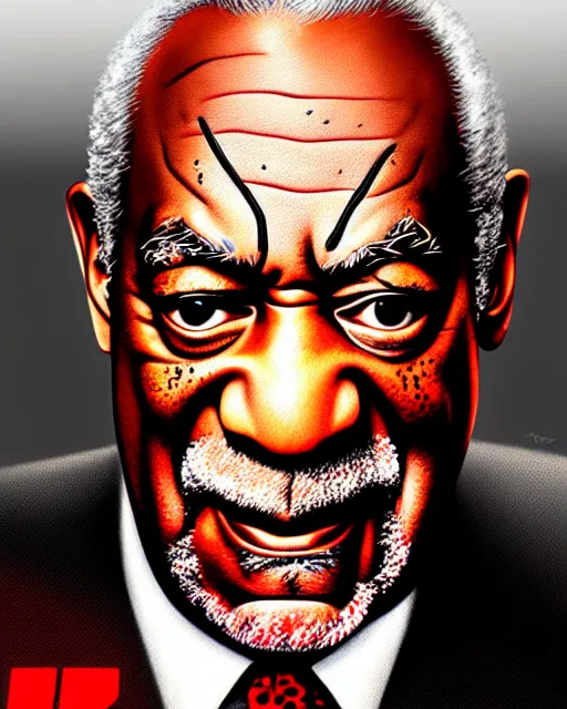 Image similar to a comic potrait of bill cosby with black and red parts, fine - face, realistic shaded perfect face, fine details. night setting. very anime style. realistic shaded lighting poster by ilya kuvshinov katsuhiro, unreal engine, global illumination, radiant light, detailed and intricate environment