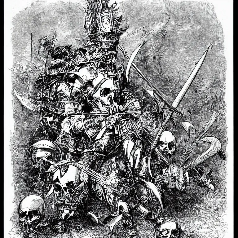 Image similar to a walther caspari illustartion in lustige blatter in 1 8 9 9 of a barbarian armored with swords and metal skulls, black and white pen an ink drawing