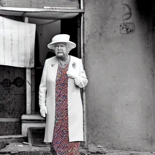 Prompt: Queen Elizabeth in the streets of a Brazilian favela