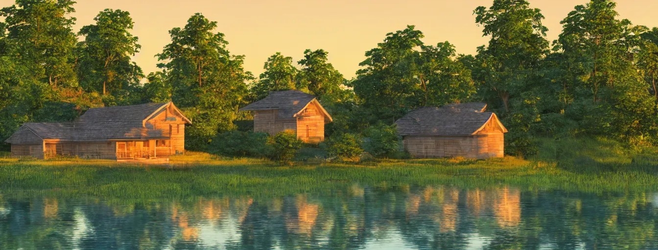 Image similar to a serene landscape with a singular building near a lake at sunset in anime style, 8k, low saturation, high quality, high detail