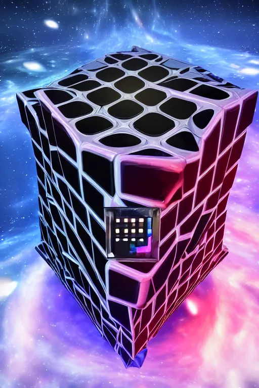 Image similar to cosmic parallel universe rubik's cube tesseract with wormholes, energy and galaxies around it. epic, dramatic, cinematic, digital art, octane render, blender, 8 k, hyperrealistic, trending on artstation