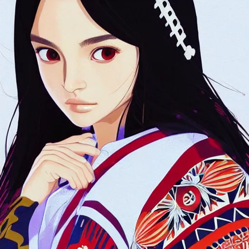 Image similar to a beautiful young japanese natalie portman alluring gravure model, stylized concept art, wearing elegant designer bomber jacket and one piece bikini, bomber jacket with mesoamerican patterns, mesoamerican native street fashion, princess mononoke, painted by ilya kuvshinov aesthetic, gorgeous, stunning, alluring, attractive, artstation, pinterest, digital art