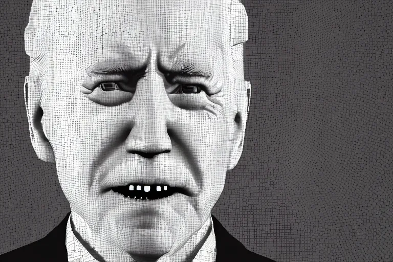 Image similar to creepy joe biden portrait stuck in the matrix, glitchy, buggy, playstation 1 graphics, low poly 3 d render, creepypasta, volumetric lighting, octane render, scary, award - winning, detailed, weird, close - up, featured on artstation, strange, off - putting, demonic, odd, atmospheric, ambient, spooky