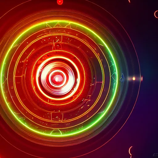 Image similar to horizontal centered electron tube with concentric rings around it, glowing, fantasy, networking, camera shutter iris, singularity, circuitry, explosion, dramatic, intricate, elegant, highly detailed, digital painting, network, artstation, concept art, smooth, sharp focus, illustration, octane render