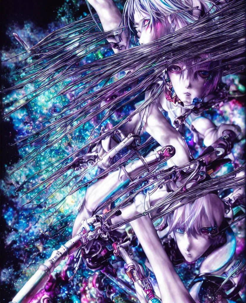 Image similar to realistic detailed image of ultra wrathful rainbow diamond nightmare mega rei ayanami, depth perception, depth of field, action horror, gothic, rich deep colors. by yoshitaka amano, by yukito kishiro, by yoshiyuki sadamoto, masterpiece