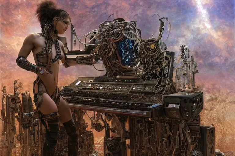 Prompt: a centered photo of a post apocalyptic tribal cyborg playing synthesizers in the most complicated fractal and technical musical studio, powerful, cinematic, beautifully lit, by donato giancola, by artgerm, by karol bak, 3 d, perfect face and body, trending on artstation, octane render, 8 k