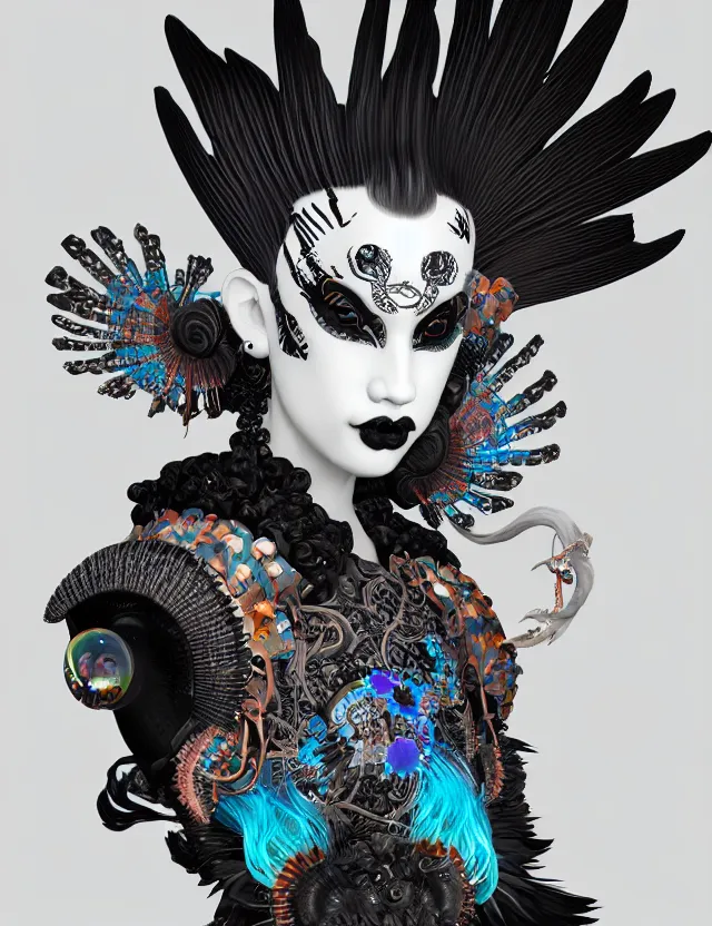 Image similar to 3 d goddess close - up profile portrait punk with mohawk with ram skull. beautiful intricately detailed japanese crow kitsune mask and clasical japanese kimono. betta fish, jellyfish phoenix, bio luminescent, plasma, ice, water, wind, creature, artwork by tooth wu and wlop and beeple and greg rutkowski