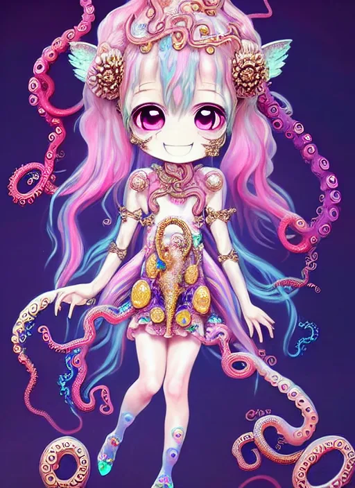 Image similar to A full body shot of a cute young magical girl wearing an ornate dress made of opals and tentacles. Chibi Monster GIrl. Subsurface Scattering. Dynamic Pose. Translucent Skin. Rainbow palette. defined facial features, symmetrical facial features. Opalescent surface. Soft Lighting. beautiful lighting. By Giger and Ruan Jia and Artgerm and WLOP and William-Adolphe Bouguereau. Photo real. Hyper-real. Fantasy Illustration. Sailor Moon hair. Masterpiece. trending on artstation, featured on pixiv, award winning, cinematic composition, dramatic pose, sharp, details, Hyper-detailed, HD, HDR, 4K, 8K.