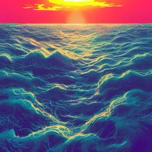 Prompt: sunset landscape ocean album cover, cartoon digital painting, detailed, beautiful brush stroke rendering, by beeple, by hayao miyazaki, by takashi murakami, by masahiro ito, 4 k wallpaper