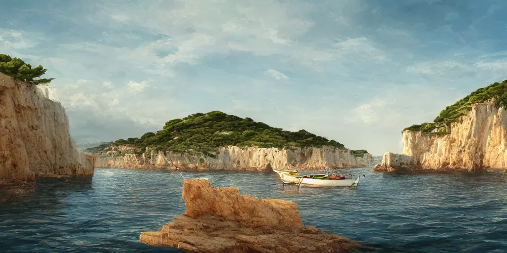 Image similar to looking out from a small dinghy on the water, low angle from water pov, wide angle, sunset, a mediterranean phoenician fishing village in the distance, over a chalk cliff, highly detailed, digital painting, artstation, concept art, sharp focus, illustration, art by artgerm and greg rutkowski and raphael lacoste and magali villeneuve