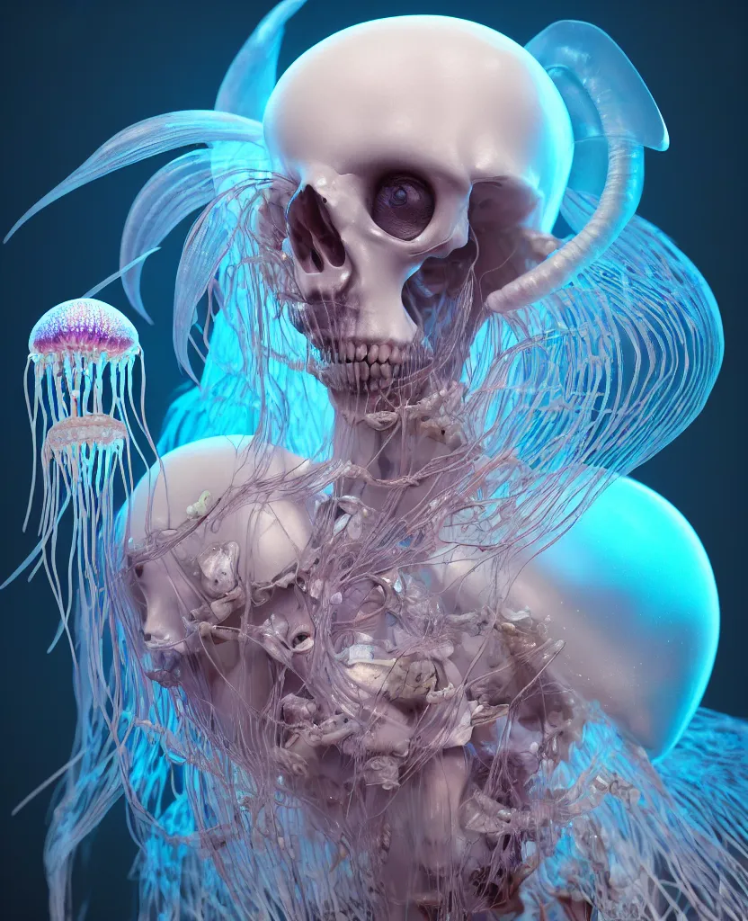 Image similar to goddess close - up portrait human skeleton, ram skull, jellyfish, orchid, betta fish, bioluminiscent, intricate artwork by tooth wu and wlop and beeple. octane render, trending on artstation, greg rutkowski very coherent symmetrical artwork. cinematic, hyper realism, high detail, octane render, 8 k