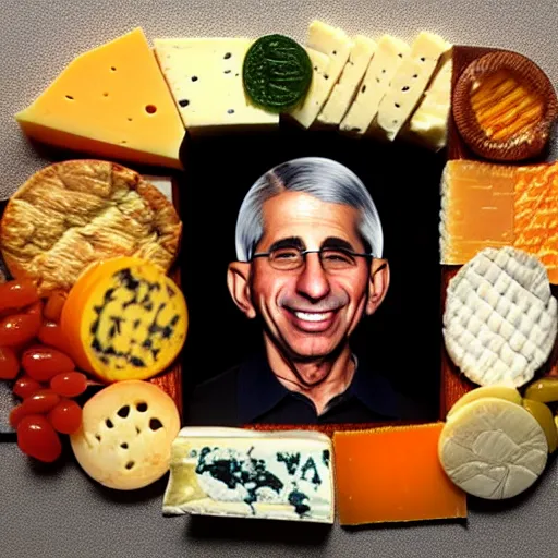 Image similar to uhd photorealistic anthony fauci made of various cheeses.