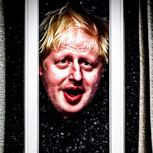 Image similar to photo of the inside of a dark old rainy bedroom window at night with the curtains pulled back, dimly lit creepy | screaming face of boris johnson staring in and pressing his bloody face and hands against the window, horror, scary face, demonic face,