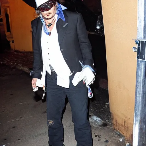 Image similar to johnny depp stumbling out of a bar at 3 am