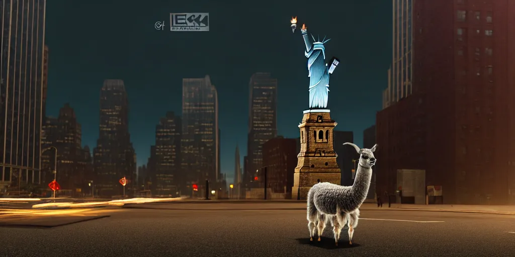 Image similar to a llama walking through a desolate manhattan city street at night, statue of liberty seen in the background, realistic 4 k octane beautifully detailed render, 4 k post - processing, highly detailed, detailed face, intricate complexity, epic composition, magical atmosphere, cinematic lighting, masterpiece, color picture, ultra hd