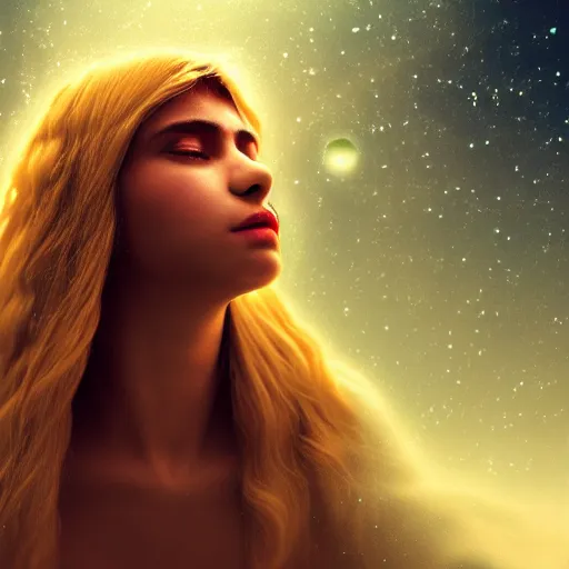 Prompt: masterpiece closeup portrait of a angel in a surreal dream landscape, cinematic lighting, Jayison Devadas style, 8k