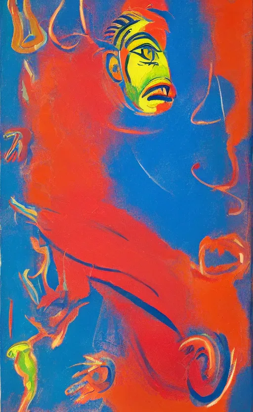 Prompt: disco dancer, grotesque, doomed, acrylic paint, gouache on canvas, vibrant blue and red colors, grotesque, wrapped thermal background, art francis bacon