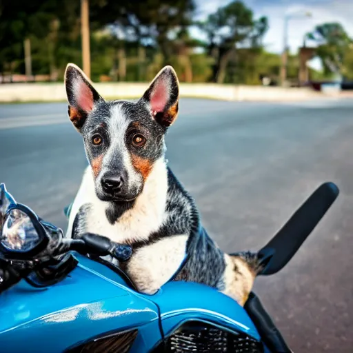 Image similar to blue heeler dog on a motorcycle, 8 k photography, blurred background of a wafflehouse