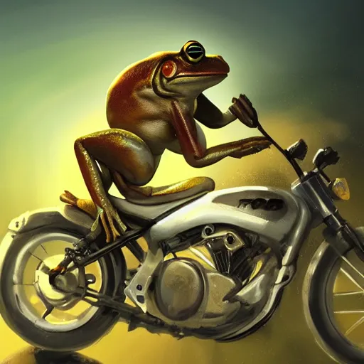 Prompt: a frog riding a motorcycle, digital painting, artstation, photo