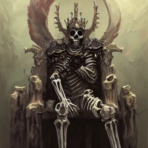 Prompt: Skeleton King, knight, resting on his throne, oil painting, by Fernanda Suarez and Greg Rutkowski