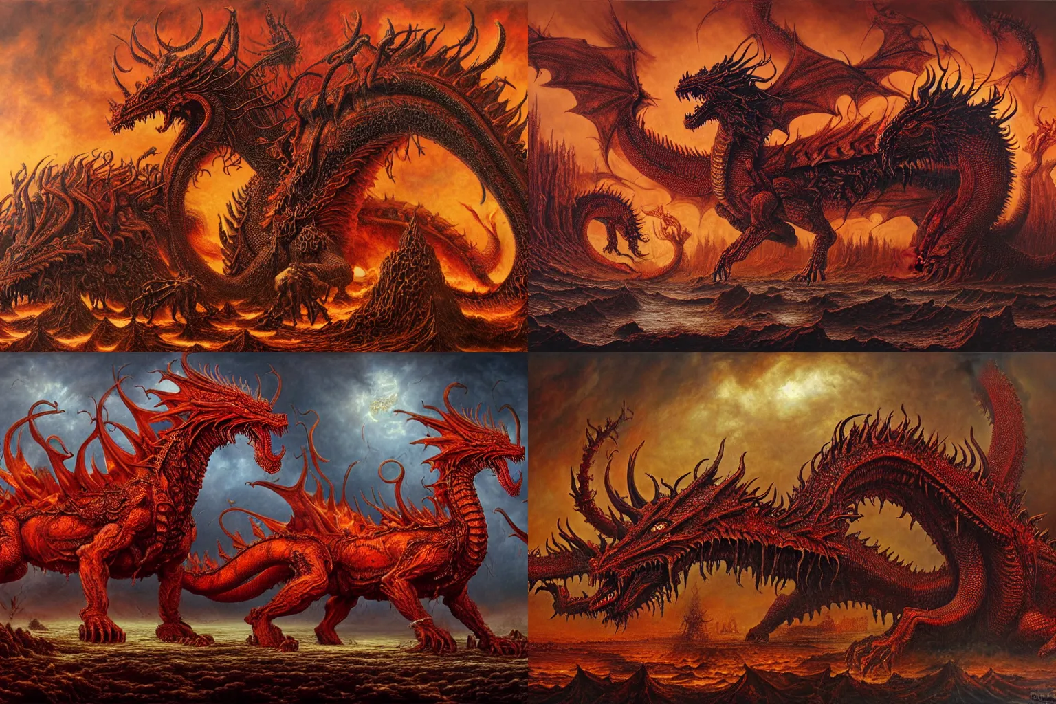 Prompt: a crowned 7-headed, 10-horned great fiery red beast ((dragon)), detailed, intricate, matte painting by Mariusz Lewandowski, Giger and Jacek Yerka