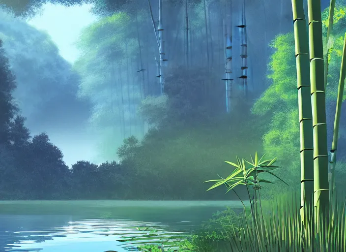 Image similar to misty japanese bamboo forest, lake, waterfall!!!!!, large rocky mountain, rule of thirds, sunny, cartoony, stylized anime, sun rays, soft, by hayao miyazaki, ghibli studio, makoto shinkai, toei animation, studio trigger, trending on artstation, 4 k, hd