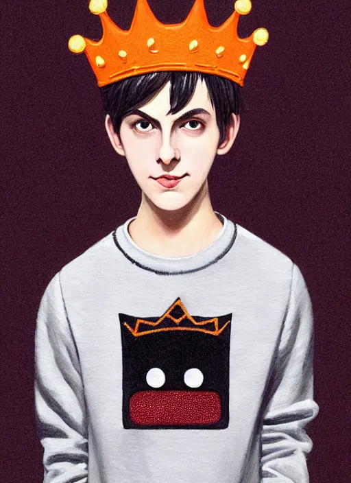 Image similar to portrait of teenage jughead jones wearing a light grey crown, symmetrical crown, sweater with picture of hamburger, eyes closed, crown, black hair, orange, intricate, elegant, glowing lights, warm lighting, highly detailed, digital painting, artstation, concept art, smooth, sharp focus, illustration, art by wlop, mars ravelo and greg rutkowski