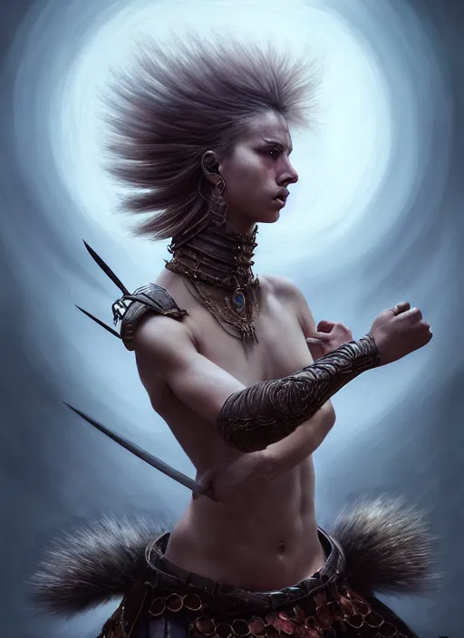 Image similar to a fierce young warrior woman moments before battle, diffuse lighting, fantasy, intricate, elegant, highly detailed, archillect, lifelike, Rebel, photorealistic, digital painting, artstation, punks, illustration, concept art, smooth, kinemacolor, sharp focus, artgerm, by John Collier and Albert Aublet and Leonardo da vinci and Krenz Cushart and Artem Demura and Alphonse Mucha