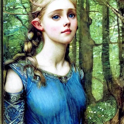 Image similar to portrait of a blue eyed, blonde haired crowned queen of summer with light elvish overtones and a forest background by John WIlliam Waterhouse