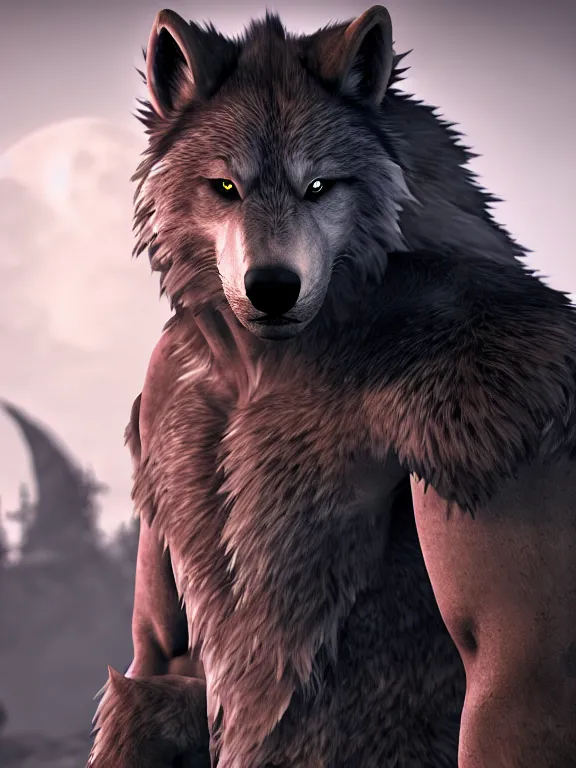 Image similar to cute handsome cuddly werewolf from van helsing unreal engine hyperreallistic render 8k character concept art masterpiece screenshot from the video game the Elder Scrolls V: Skyrim