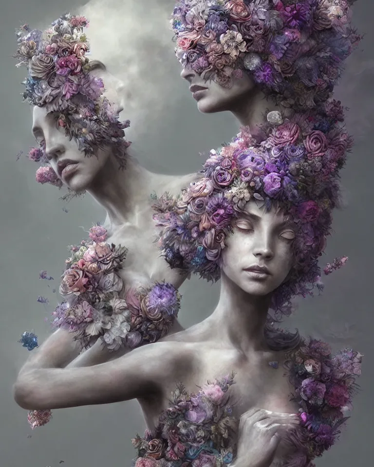 Image similar to a sculpture of interlaced gorgeous etherial females, made of mist, made of flowers, a digital painting, Andrew Ferez, Charlie Bowater, Marco Mazzoni, Seb McKinnon, Ryohei Hase, Alberto Seveso, Kim Keever, trending on cgsociety, featured on zbrush central, new sculpture, mystical