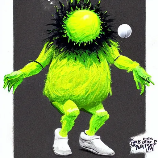 Image similar to a tennis ball monster ,tennis ball, chalk, digital art, fantasy, magic, trending on artstation, ultra detailed, professional illustration by Basil Gogos