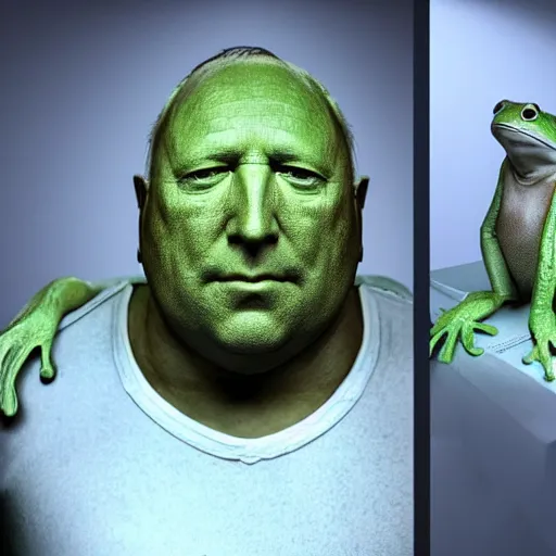 Prompt: hyperrealistic mixed media image of info wars alex jones ( ( frog mask ) ), stunning 3 d render inspired art by xiang duan and thomas eakes and greg rutkowski, perfect facial symmetry, hyper realistic texture, realistic, highly detailed attributes and atmosphere, dim volumetric cinematic lighting, 8 k octane detailed render, post - processing, masterpiece,