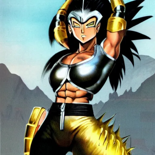 Prompt: 23-year-old muscular warrior girl wearing chrome silver armor, black spandex, electrified hair, wild spiky black Saiyan hair, wild black hair, yellow eyes, tropical, palm trees, chrome buildings, futuristic base, 1987, Frank Frazetta, pulp art, video game box art, hyper-detailed