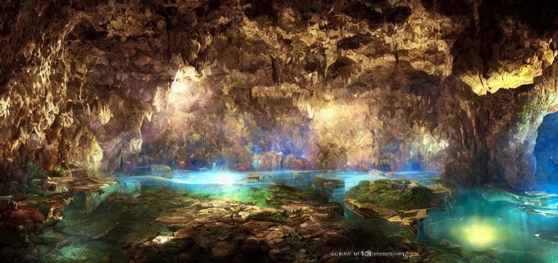 Prompt: a stunning, dreamlight shining fantasy world in a huge underground cave, fabulous, ultrarealistic