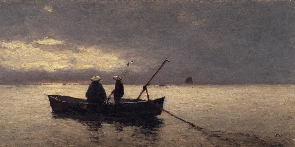 Image similar to old fisherman at work on his boat. early morning. late 1 9 th century. oil on canvas.