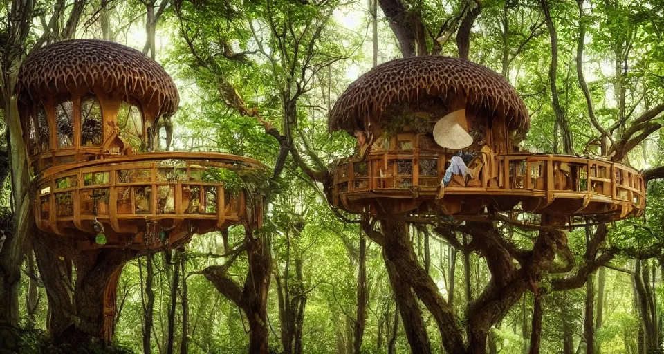 Prompt: An incredibly beautiful shot from a 2022 fantasy film featuring a character sitting in a cozy art nouveau reading nook inside a fantasy treehouse city with suspended walkways and distant treehouses. 8K UHD.