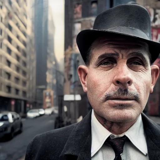 Image similar to closeup portrait of a mobster with a thompson submachine gun a smoky new york back street , by Steve McCurry and David Lazar, natural light, detailed face, CANON Eos C300, ƒ1.8, 35mm, 8K, medium-format print