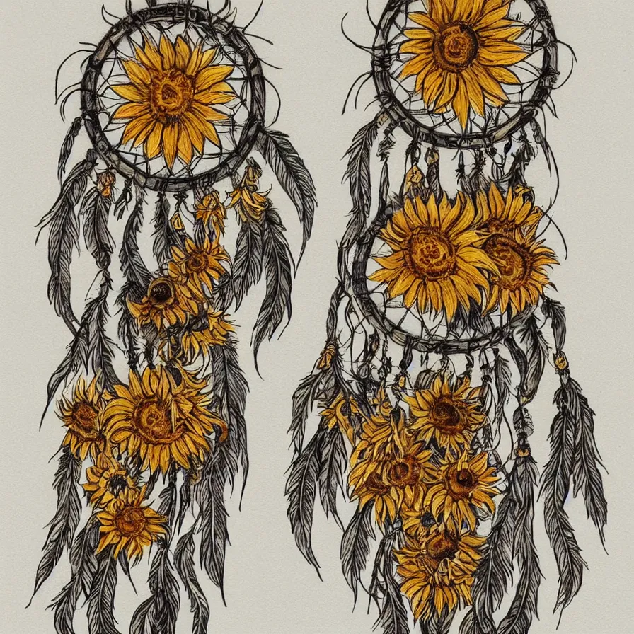 Image similar to Sunflowers dreamcatchers embedded into one another and burning with smoke and flames. Artwork with strong tribal influences.