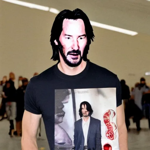 Prompt: keanu reeves holding a t - shirt with his face on it