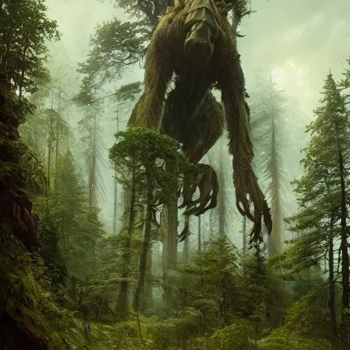 Image similar to a giant creature towering over the forest, 8 k octane beautifully detailed render, post - processing, extremely hyper - detailed, intricate, epic composition, cinematic lighting, masterpiece, trending on artstation, masterpiece, stunning art by anders zorn, wonderful masterpiece by greg rutkowski, beautiful cinematic