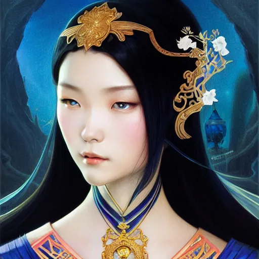 Prompt: ‘elegant Chinese princess, D&D, blue eyes, black hair, fantasy, intricate, elegant, highly detailed, digital painting, artstation, concept art, smooth, sharp focus, illustration, art by artgerm and greg rutkowski and alphonse mucha’