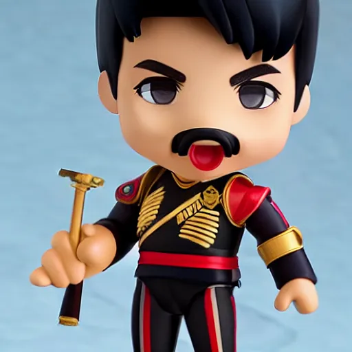 Prompt: freddie mercury as nendoroid singing with raised hand, 8 k hd dof, kodak film,