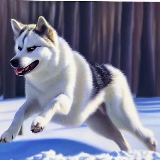 Image similar to huskey dog running in white snow, oil painting, detailed, natural light, extra crisp, realistic