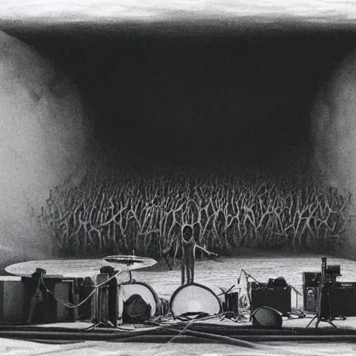 Prompt: concert photograph of death grips, mc ride, zach hill, andy morin, death grips, playing a concert in a desolate brutalist wasteland, painted by zdzislaw beksinski