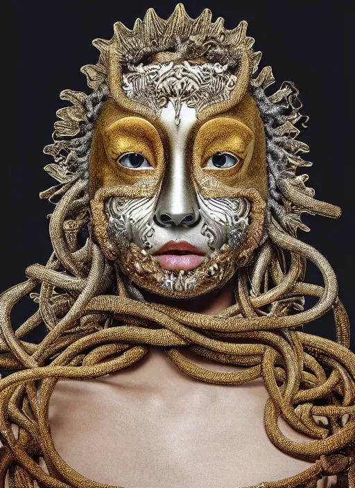 Image similar to hyperrealism, detailed textures, award winning photo, symetrical japanese medusa queen autochrome portrait, silverplate, intricate, detailed facial animal mask, golden jewelery, silverplate, ultra realistic, cinematic, intricate, cinematic light by steve mccurry, unreal engine 8 k