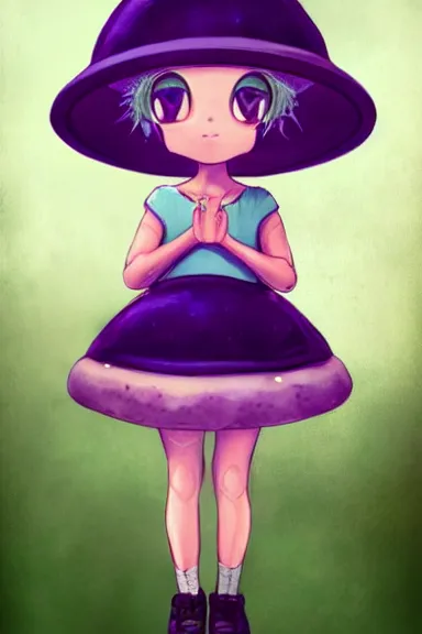 Image similar to a little girl wearing a mushroom hat in dress sitting | | purple curvy hair, pretty face, fine details, digial art by lois van baarle, anatomically correct, perfect composition, symmetrical, fantastic, clean details, anime character