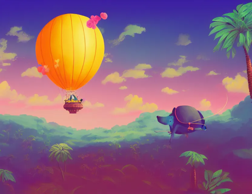 Image similar to adventurer mouse travelling on a blimp above tropical landscape. complementary colors, vaporwave, gouache, indie concept art, bloom, chiaroscuro, backlighting, intricate details.