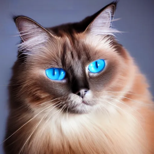 Prompt: studio photograph of a birman cat, bright blue eyes, warm brown colorpoints, hd, studio lighting, stock photo, longhaired, anatomically accurate